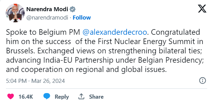 PM Modi Holds Phone Conversation with Belgian Counterpart Alexander De Croo